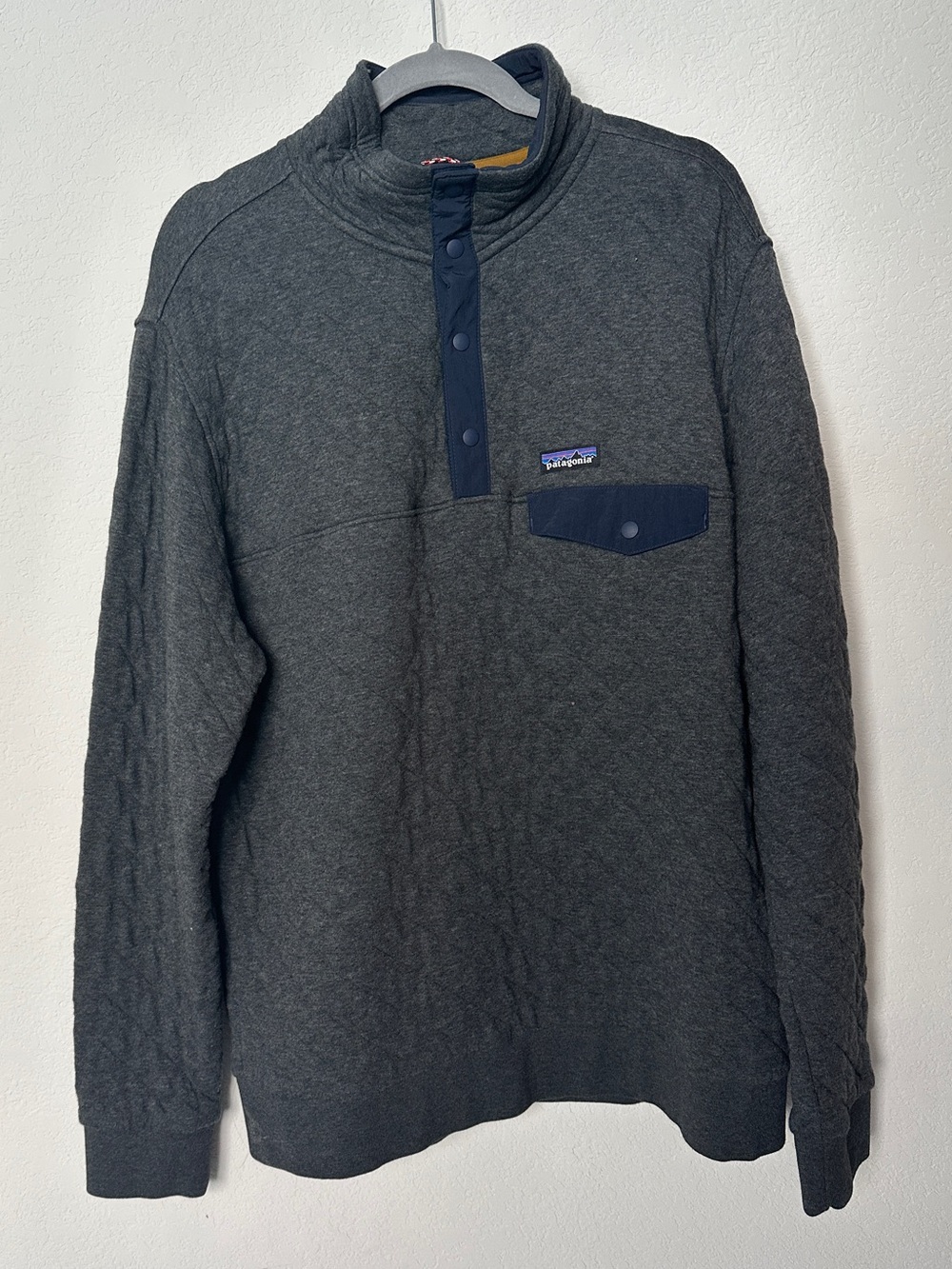 Patagonia Heather Charcoal Pullover with Navy Snap Placket